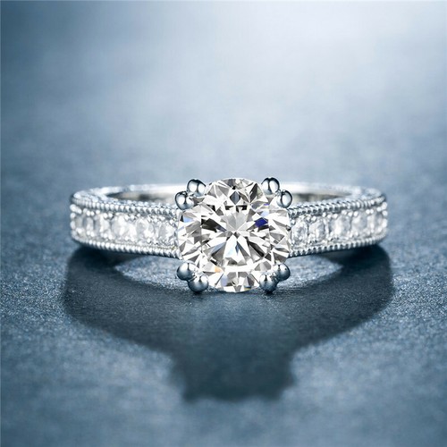 2ct Round Cut Claw Ring 925 Silver Flower Pattern Band Women's Cz Ring Size 6-10 - Picture 2 of 6