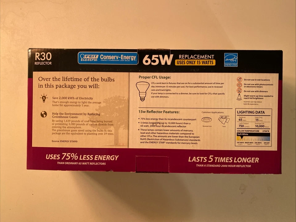 Feit R30 Reflector Conserv Energy 65W Replacement Light Bulbs 4-Pack #440076 New - Image 2 of 4
