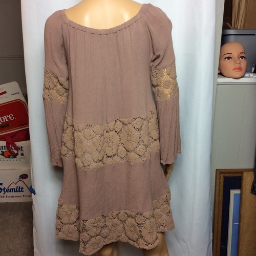 Umgee Mocha Lace Trim Long Sleeve Mini Dress Boho Romantic - Picture 2 of 4