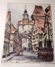 Vtg Etching Rothenburg Tower Clock Orig Rad Artist Signed & Colored