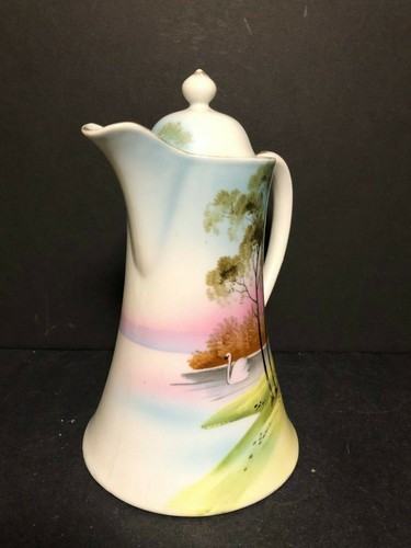 ANTIQUE HAND PAINTED FINE BONE PORCELAIN COFFEE TEAPOT JAPAN NIPPON CROWN MARK! - Picture 3 of 12