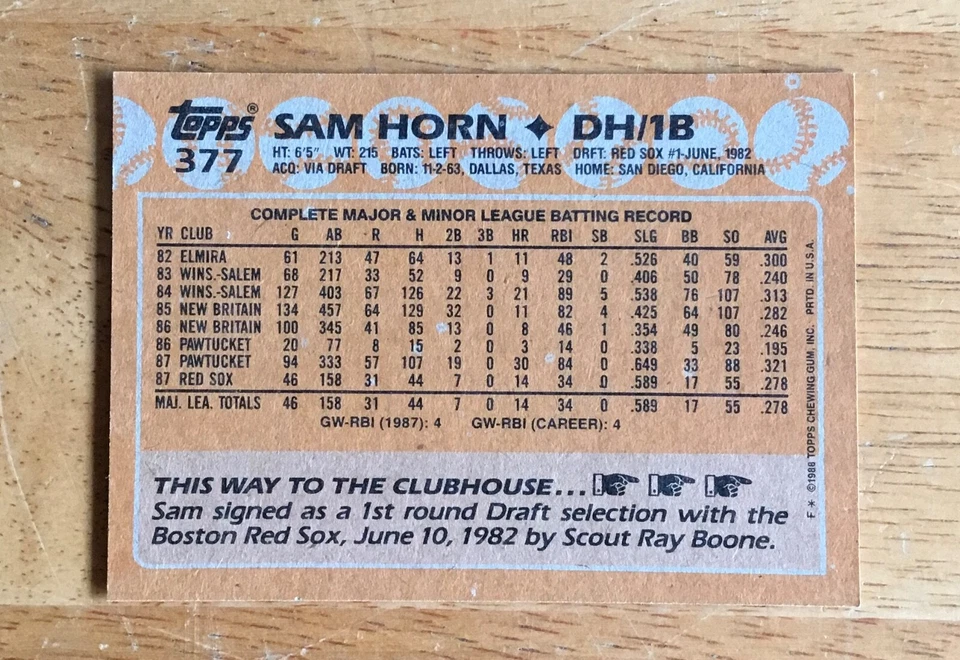 Sam Horn Boston Red Sox Signed Autograph 1988 Topps Baseball Card - Image 2 of 2