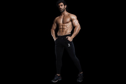 Black Mens Black Slim Fit Long Cotton Sweatpants with Pockets Drawstring Waist - Picture 3 of 6