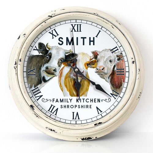 Personalised Kitchen Wall Clock Cow Family Name Round Glass Gift KRC05 - Picture 11 of 17
