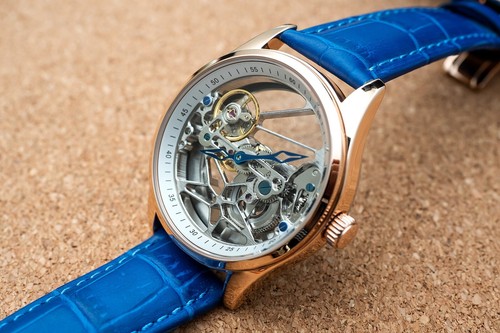 Herren Schwungrad Stegwerk Automatik Mechanische Uhr Roségold Blau Leder - Bild 10 von 12