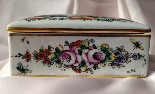 Antique France BIRD FLORAL Ceramic Trinket Jewelry Box Hand Painted White Lidded - Picture 3 of 13