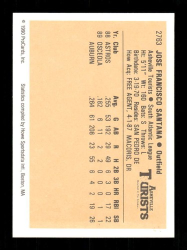 1990 ProCards Asheville Tourists 2763 Jose Santana BXCP32 - Picture 2 of 2