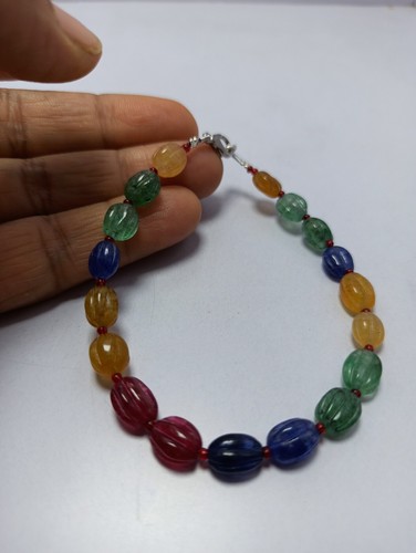 925 Sterling Silver Carving Gemstone Bracelets Multi Sapphire Dyed 8x10 mm Beads - Picture 6 of 17