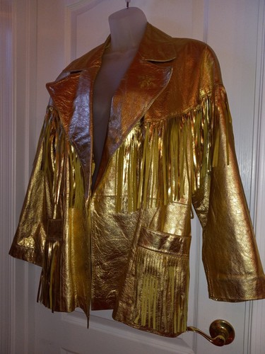 Vintage 80s Albert Duke Gold Metallic Leather Fringe Jacket Cowboy Western Biker - Picture 4 of 15
