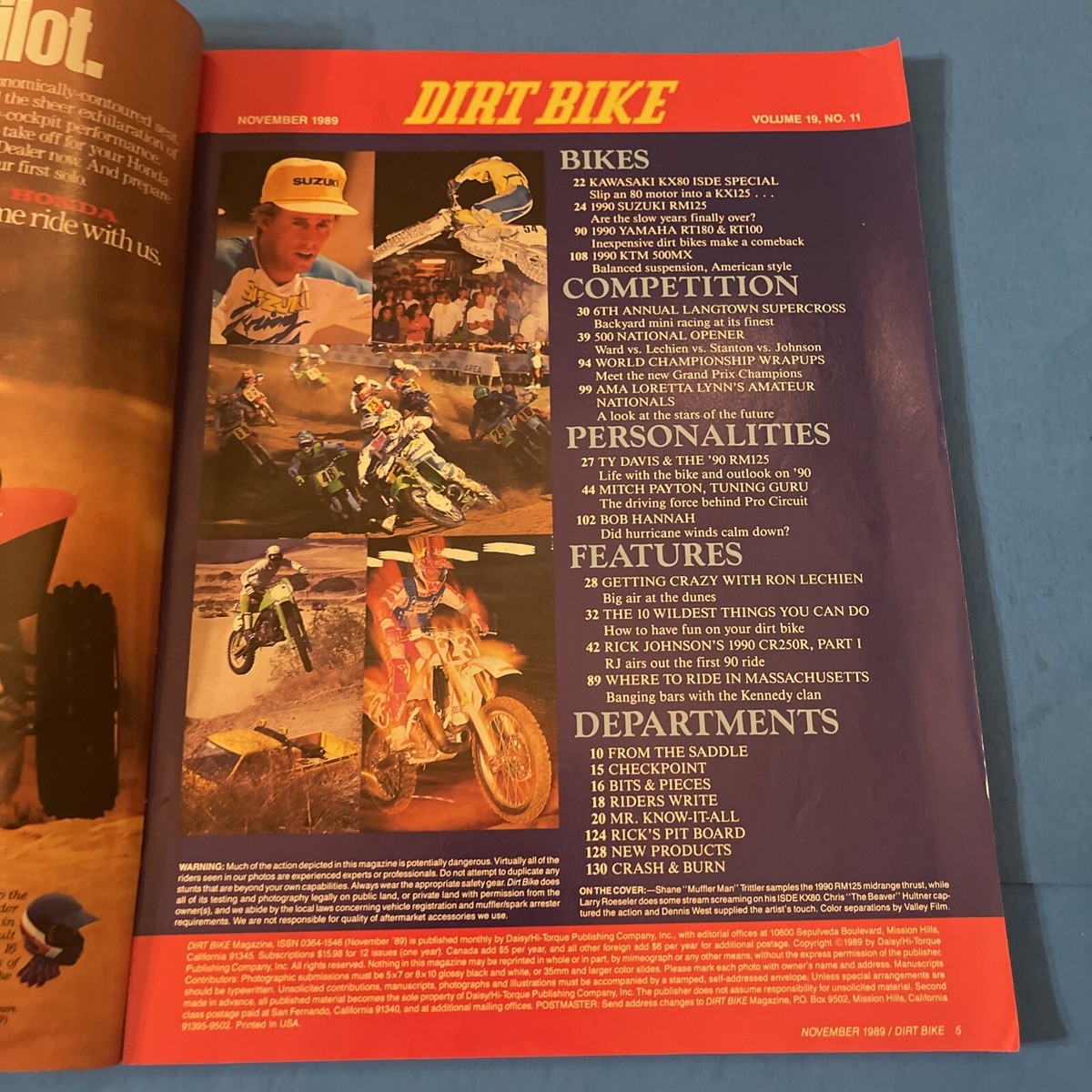 DIRT BIKE MAGAZINE NOVEMBER 1989-KAWASAKI KX80-1990 SUZUKI RM125