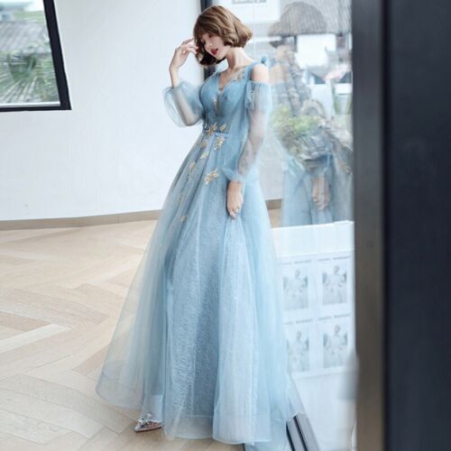 Women's Shiny Mesh Dress V-neck Belted Evening Party Prom Ball Gown Fairy - Picture 5 of 12