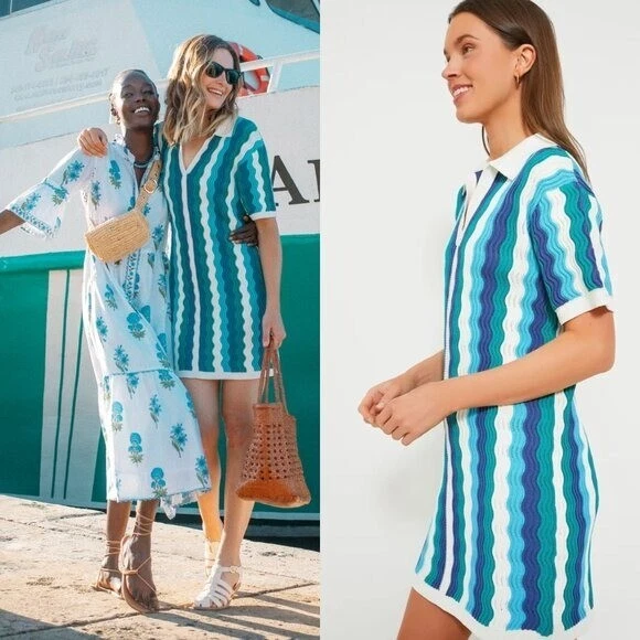 NUEVO Mini Vestido Tejido Costero Azul Blanco Azul Sammie Ondulado Aqua House Talla XL Foto 2 de 4