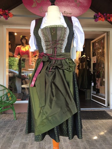 Sportalm Dirndl Froschberg, Midi, Gr. 40, Designer, dunkel grün Bordeaux Seide
