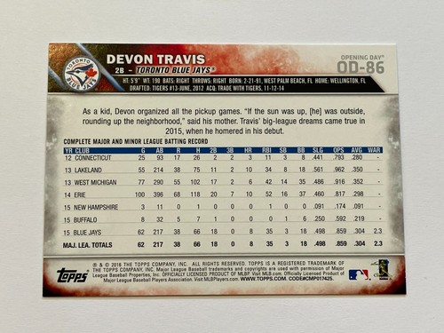2016 Topps Opening Day Baseball Blue Foil - Devon Travis - Toronto Blue Jays - Picture 2 of 2