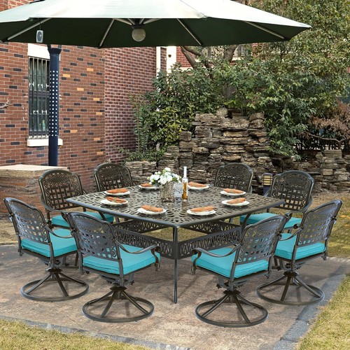 9 Piece Outdoor Patio Dining Set Cast Aluminum Furniture Table and Swivel Chairs - Picture 55 of 72