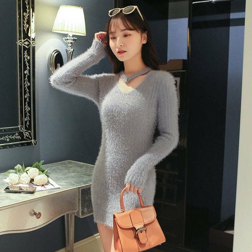 Lady Fluffy Long Jumper Pullover Tops Stretch Chic Faux Mohair Fur Sweater Dress - Bild 26 von 38