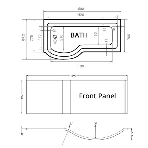 1500/1600/1700mm P Shaped Shower Bath Bathtub Front & End Panel Screen with Rail - Picture 10 of 25