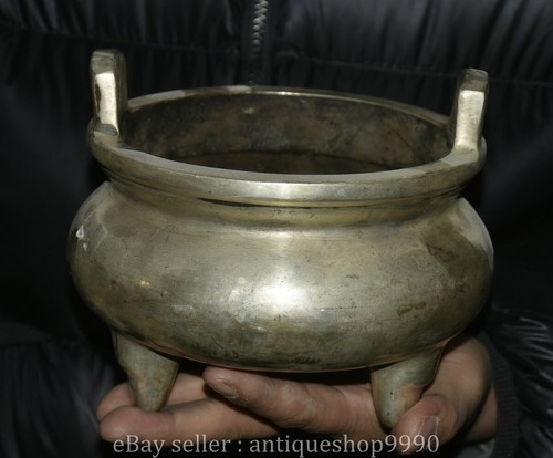 5.6" Marked Chinese Dynasty Silver 3 Legs 2 Ear Round Incense Burner Censer - Picture 6 of 9