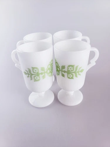 4 Vintage Footed Glasbake Green Floral Coffee Tea Cups Mugs