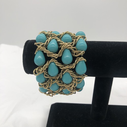 Turquoise Beaded & Gold Tone Chain Style Stretch Cuff Bracelet - Picture 5 of 12