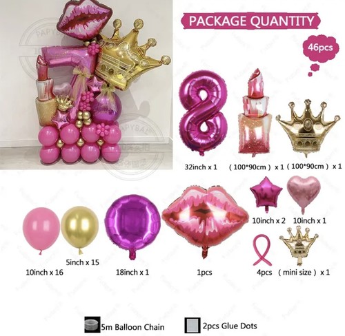 46pcs Girl Birthday Lips Lipstick Girls Foil Latex 30" Birthday Party Balloons - Picture 20 of 33