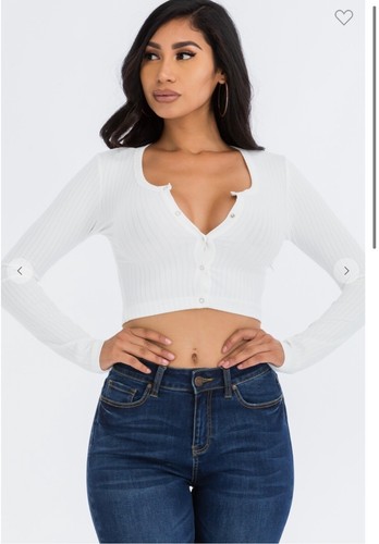 Sexy Long Sleeve Ribbed Knit Snap Button Scoop Neck Slim Cropped Cardigan Top - Picture 18 of 19
