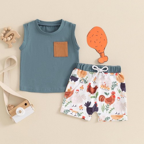 Toddler Boy Summer Outfits Baby Boy Sleeveless T-Shirt Farm Print Shorts Set - Picture 12 of 13