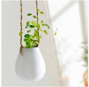 Balcony-Garden-White-Porcelain-Hanging-Vase-Pots-Flower-Plant-Planter-with-Twine