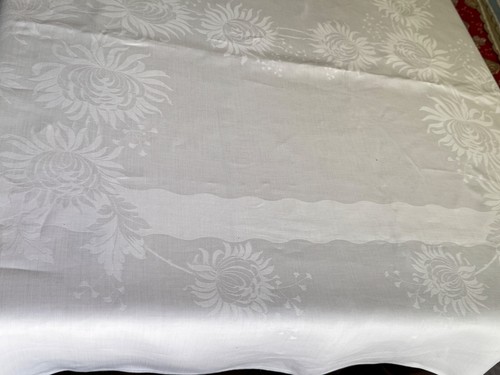 Vintage Linen Damask Tablecloth w/ Floral Design & Wavy Bands Shabby Chic A626 - Picture 6 of 13