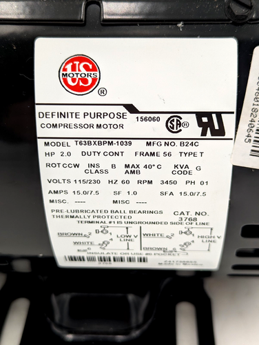 U.S. MOTORS 3768 Air Compressor Motor, 2 HP, 120/240V, 1 Ph, CCW, 3450 RPM - Picture 3 of 9