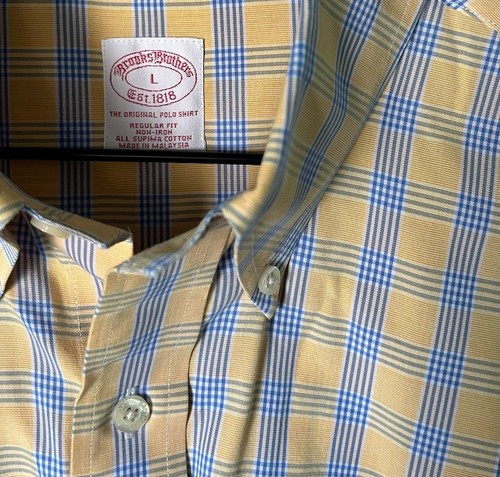 Brooks Brothers Casual Button Down Shirt Large 100% Cotton, Yellow Plaid