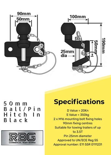 Tow Bar Ball/Pin Coupling 50mm Tow Hitch E approved Tow Jaw Black/Silver + B/N/W - Picture 6 of 9