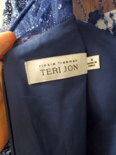 Rickie Freeman for Teri Jon Velvet Flower & Lace Peplum Gown-Navy-Size 8 - Picture 8 of 24
