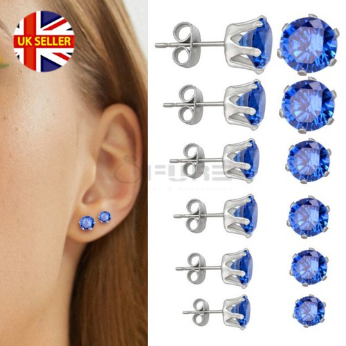 Hypoallergenic Surgical Steel Blue Cubic Zirconia Stud Earrings Piercing 3-8MM - Picture 9 of 46
