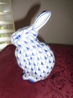 Andrea by Sadek Porcelain Sitting Bunny in Blue and White Fishnet Pattern 5.5"H