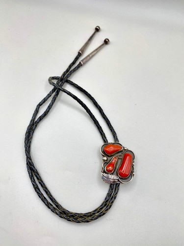 Vintage Branch Coral Bolo Tie Sterling Silver Leaf Applique Native American - Picture 8 of 13
