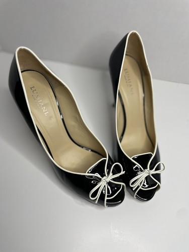 Lumiani Heels Women’s Size 9M Patent Leather black white Pumps Peep Toe Italy - Picture 2 of 9