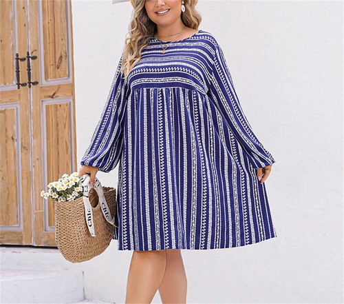 Plus Size Casual Knee-High Stripe Print Tunic Dress Crew Neck Long Sleeve Dress - Picture 2 of 7