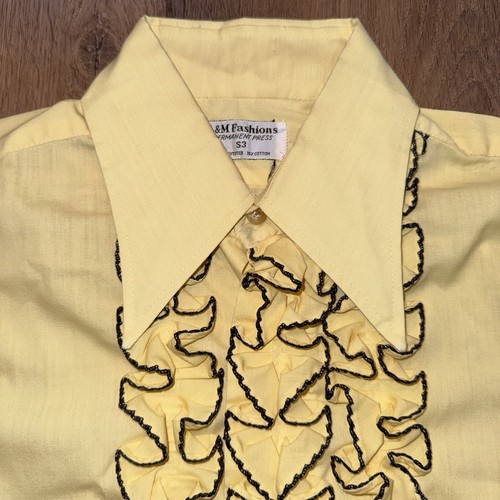 Vintage 60s 70s Tuxedo Shirt Yellow Ruffles Tux Retro Prom Disco Mens Small 33" - Picture 9 of 16