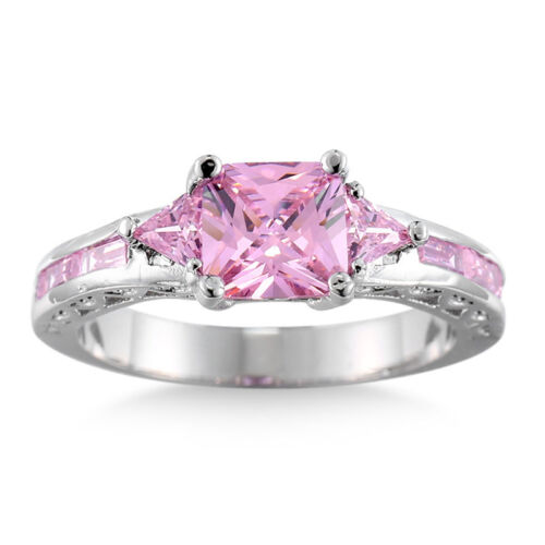 Princess Cut Pink Zirconia Band Women 10k White Gold Filled Wedding Ring Sz 6-10 - Picture 2 of 8