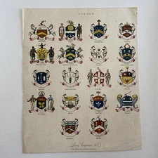 Antique Hand-Colored Engraving  London Livery Companies Heraldic Coats of Arms