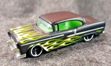 Loose Hot Wheels  Flames 3/10 '55 CHEVY Black w/Black MC5 Spoke Wheels....(C7B4)