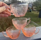 4 Vintage Jeanette Pink Cherry Blossom Depression Glass Teacups 1930s PERFECT
