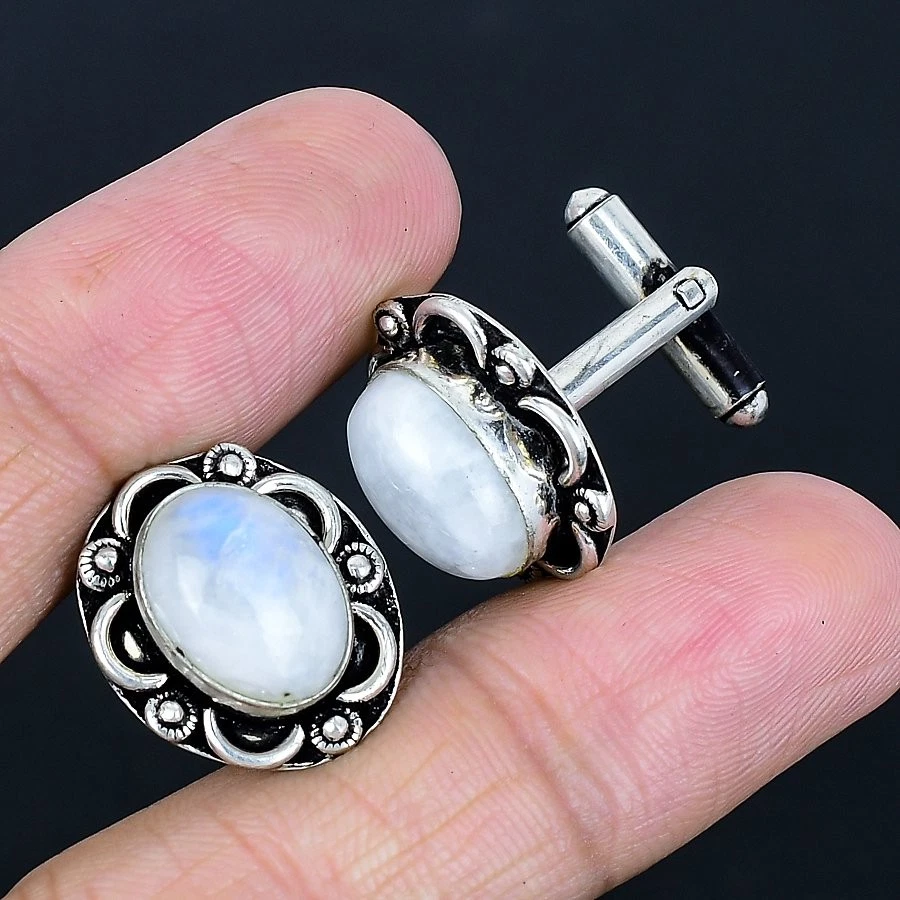 Boutons De Manchette Modernistes Ruth Roach - Argent Sterling, Pierre De Lune, Années 50, Rare