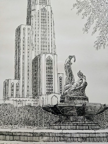 pencil SIGNED Cathedral of Learning Pittsburgh PA by NEVIN ROBINSON Framed 17x12 - Picture 7 of 16