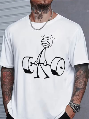 Classic Casual Stick Figure Lifting Barbell Print T-Shirt Men'S Fashion Trendy S