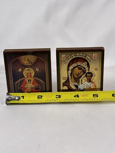 2 Holz Gold geprägte Ikonen Unsere Liebe Frau Derzhavnaja & Unsere Liebe Frau von Kasan 2,5x3 Zoll - Bild 14 von 22