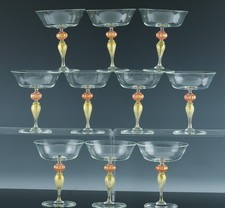 BEAUTIFUL SET 10 VINTAGE MCM MURANO ITALIAN ART GLASS CHAMPAGNE COUPE GLASSES