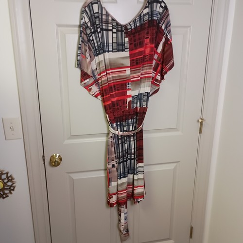 Mlle Gabrielle Womens Dress Size 3x Red Blue Geometric Pattern Belted Cap Sleeve - Picture 2 of 7