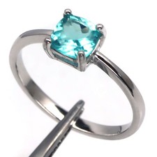 925 Sterling Silver 6 x 6 MM. Blue Apatite Ring White Gold Plated Size 7.75